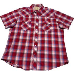 Wrangler Plaid Short Sleeve Button Front Shirt Red Size XL